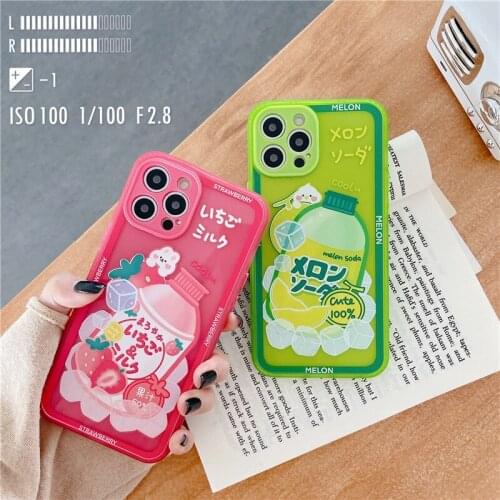 Cute Strawberry Melon Drinking Phone Case for IPhone 12 11 Pro Max 7 8 Plus X XR XS Max Protection Shell Fluorescent Soft Cover