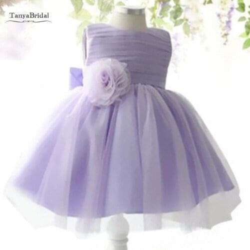 Flower Girl Dress With Mesh Bowknot Kids Girls Pleated Tulle Mesh Spaghetti Lavender Princess Pageant Wedding Party Dress XF012