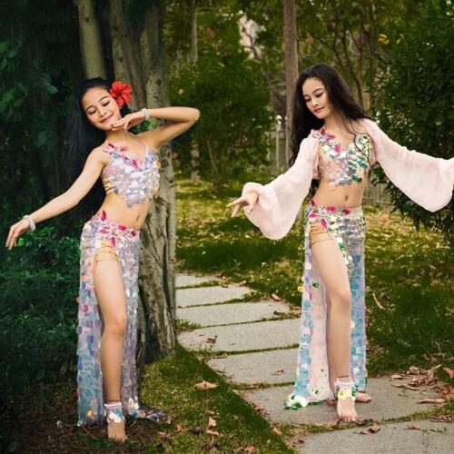 Children Belly Dance Performance Costume 2020 Shiny Sequin Oriental Dance Bra/Hip Scarf Girls Bellydance Stage Clothing DQL4425