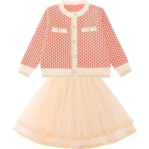Kids 4-14 years cardigan and Princess dress 2020 spring/autumn girls jacket plaid knitted sweater chiffon tiered skirt clothing