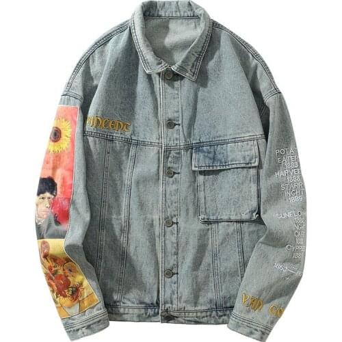 Embroidery Denim Jacket Men Hip Hop Casual Loose Jean Jackets Printed Oversized Patchwork Coat Streetwear Harajuku Jaquetas