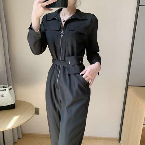 EACHIN Fashion Women Elastic Waist Jumpsuits Sexy V Neck Long Sleeve Self Belted Playsuit Female Korean Solid Slim Pocket Romper