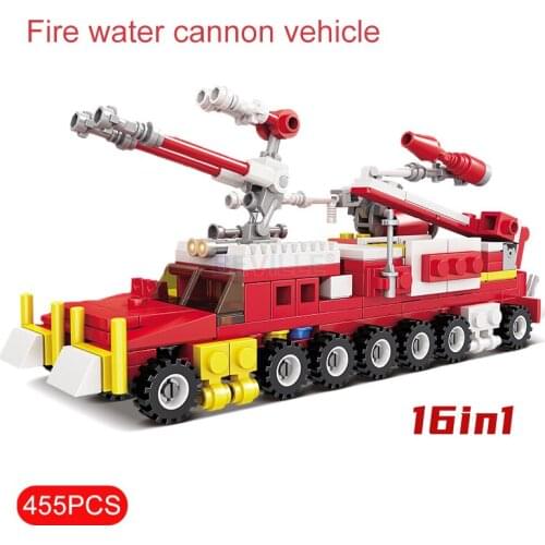 KAZI 455Pcs 16 in 1 Fire Fighting Trucks Model Building Blocks Fire Blisters Truck Helicopter Boat Educational Assemble Bricks