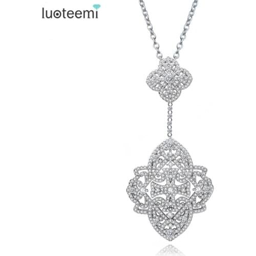 LUOTEEMI New Luxurious Fashion Necklace Micro Paved Shining Tiny CZ Crystal Double Flower Pendant Jewelry for Women Wedding