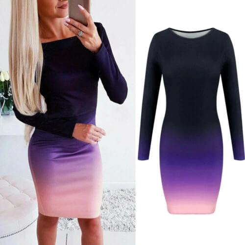 Fashion Women Long Sleeve O neck Ladies Stretch Bodycon Slim Party Plain Autumn Casual Gradual Change Dress
