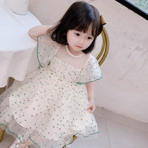 Girls Dress Summer Flare Sleeve Dot Girls Dress Yarn Baby Kids Girls Clothing Ball Gown 2 Color 0-6Y