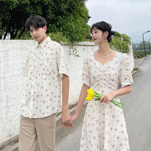 Embroidered floral dress with ruffled sleeves for couples clothes couples clothing