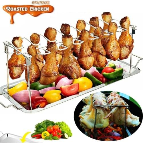 Stainless Steel Chicken Wing Leg Rack Grill Holder with Drip Pan for BBQ Steel Stand Tray Plate Bake Turkey Roast Shelf