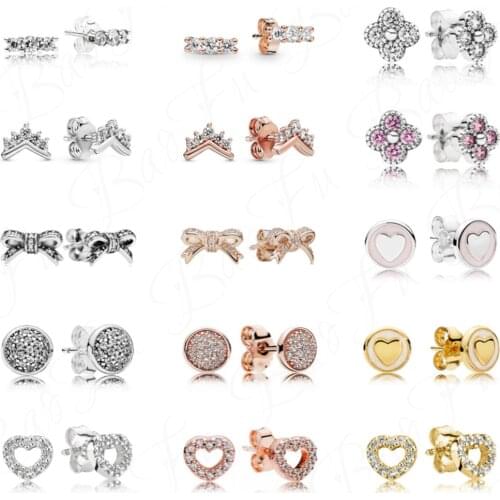 Authentic 925 Sterling Silver Earrings Shiny Crown Bow Creative Four-Leaf Clover Simple Love Original Female Jewelry