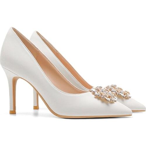 2020 Spring Autumn Pointed High Heels Shoes Women White Wedding Shoes Rhinestone Thin High Heels Fashion Party Pumps Size 33-42