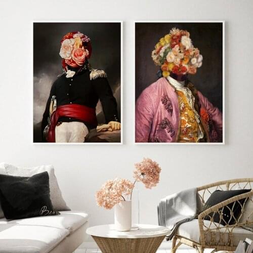 Flower Head Surreal Vintage Portrait Canvas Poster Eclectic Wall Art Picture Portrait Antique Oil Painting Prints Gallery Decor