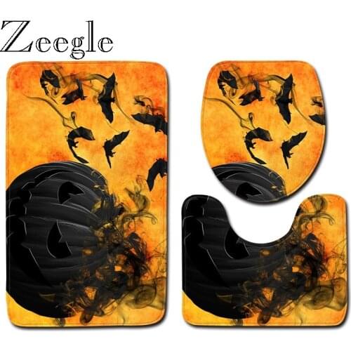 Zeegle Halloween Bath Mat Set Toilet Seat Cover Bathroom Rug Polyester Anti Slip Shower Carpet Toilet Pedestal Rug Toilet Set