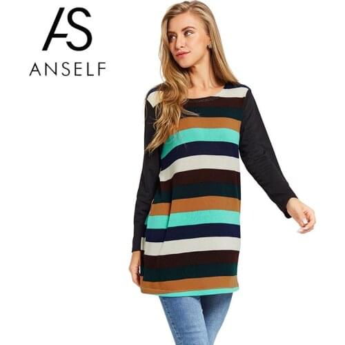 Anself Women Slouchy T-shirt Colorful Striped Knitting Tunics women clothes 2020 Long Tee Shirt Femme Oversized Casual Tops