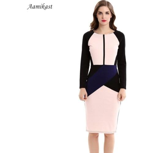 AAMIKAST Women Dresses New Fashion O-neck 3/4 Sleeve Sexy Patchwork Vintage Party Business Pencil Bodycon Dresses S XXL XXXL