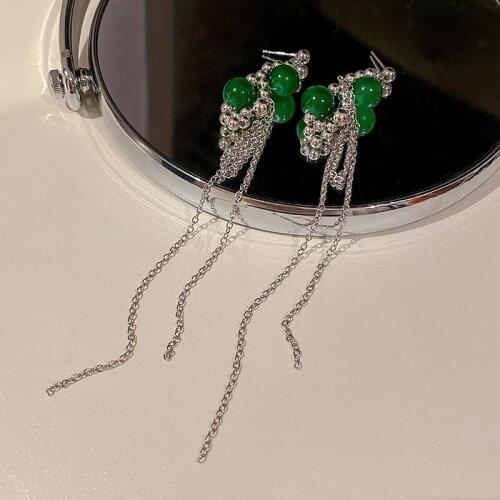 Origin Summer Luxury Green Color Crystal Dangle Drop Earrings for Women Silver Color Beaded Twist Long Tassel Earrings Brincos