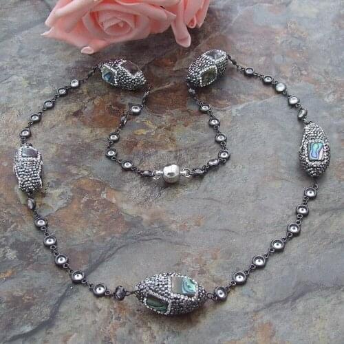 28" natural Abalone Shell square Crystal cz pave sweater Chain Necklace for women