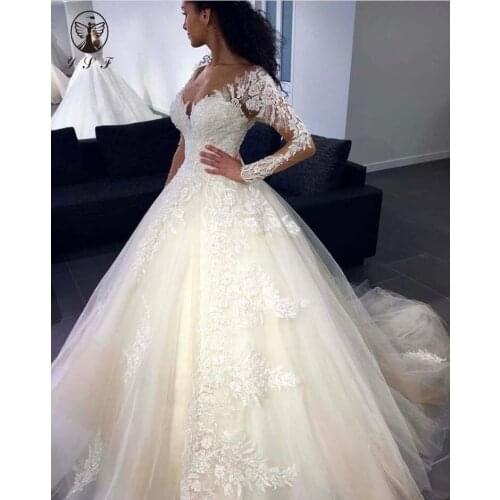 Glamorous Wedding Dresses Illusion V Neck Appliqued Long Sleeve Ball Gown Robe De Mariee