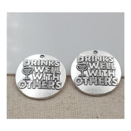 High Quality 20 Pieces/Lot Diameter 25mm Letter Embossed Drinks Well With Others Wine Cup Charms Pendents