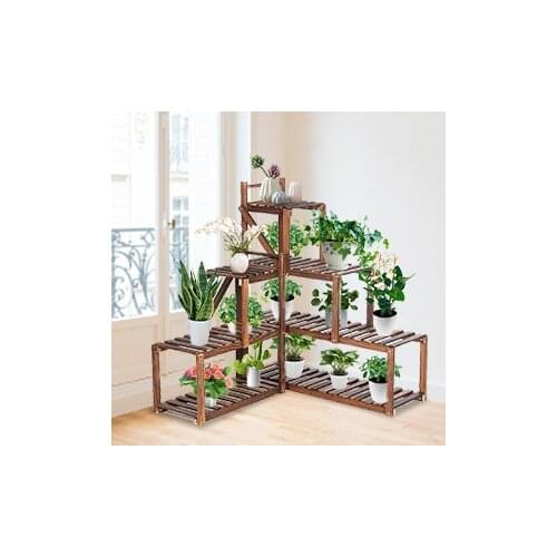 3-Tier 9 Pots Wooden Plant Flower Stand Shelf Balcony Garden Flower Plant Stand Display Shelf Corner Stand Display Shelf Rack