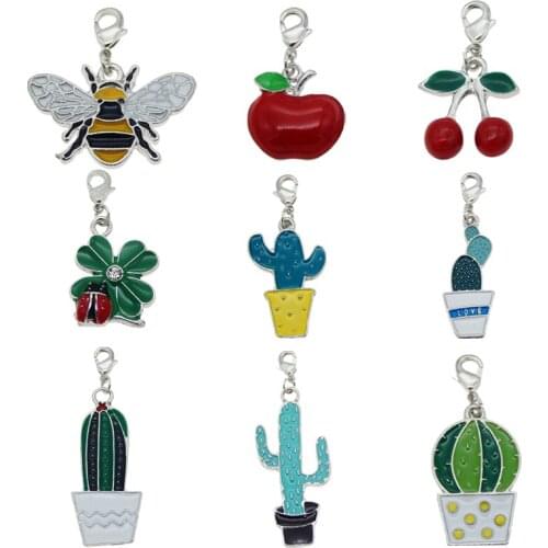 Julie Wang 4PCS Enamel Bee Apple Cactus Cherry Keychain Alloy Multi-type Lobster Buckle Clasp Charms Key Chains Handmade Jewelry