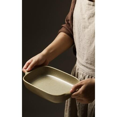 Household ceramic bakeware cheese baked rice pan oven special deep plate retro tableware binaural baking pan soup plate CE / EU