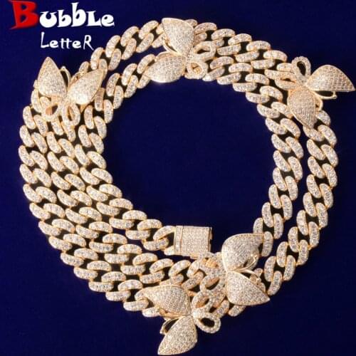 10mm Miami Cuban Link Necklace With Butterfly Women Jewelry AAAA Zircon Charm Mens Hip Hop Chain