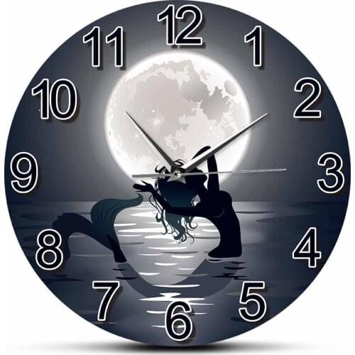 Mermaid Crescent Moon Fantasy Silent Swept Wall Clock For Girls Living Room Ariel Fairy Tale Artwork Home Decor Clock Wall Watch
