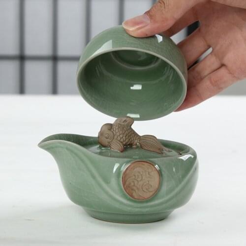 Tea Set Include 1 Pot 1 Cup RuYao Geyao Fish Dragon Kung Fu Tea Cup Pot Quik Cups Opening Piece Tea Set Ru Kiln Porcelain