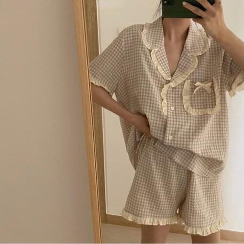 Korean Style Home Suit Pajamas with Shorts Ruffle Plaid Summer Clothes for Women Cute Underwear Set Kawaii Pijamas Mujer 2021