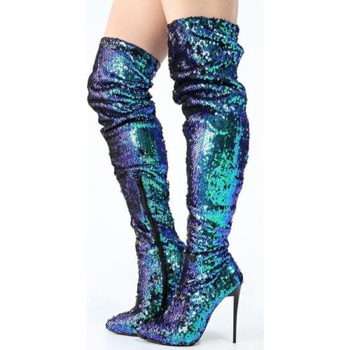FGHGF black, above the knee boots, 12cm with reflective beads over the knee high heel boots fashionable sexy
