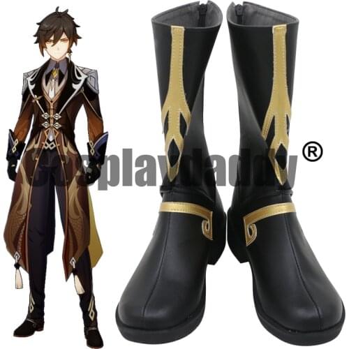 Genshin Impact Liyue Wangsheng Funeral Parlor Archons Vago Mundo Zhongli Cosplay Black Shoes Mid Calf Boots C006
