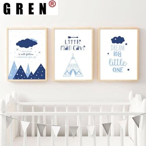 GREN Nordic Cartoon Blue Cloud Mountain Canvas Painting Wall Art Print Poster Picture Modern Living Room Home Decor
