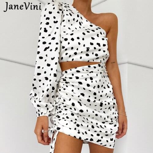 JaneVini 2021 Fashion Leopard Print Two Pieces Outfits Women One Shoulder Long Sleeve Top Drawstring Mini Dresses Sexy 2pcs Sets