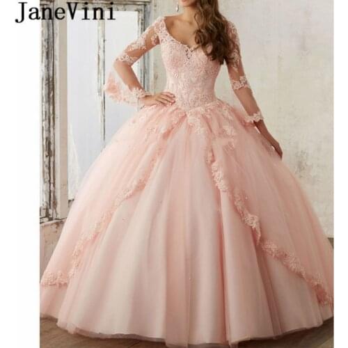 JaneVini Princess Pink Blue Quinceanera Dresses for sweet 16 Years Beaded Lace Long Sleeves Ball Gown bestidos para quinceañeras