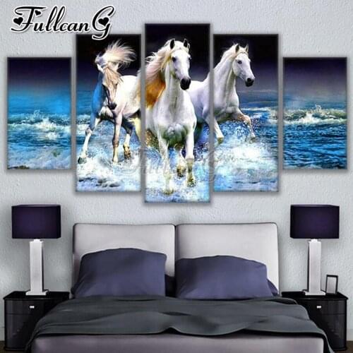 FULLCANG Three white horse 5 piece diy diamond painting large full square round drill mosaic embroidery multi-picture FC3293