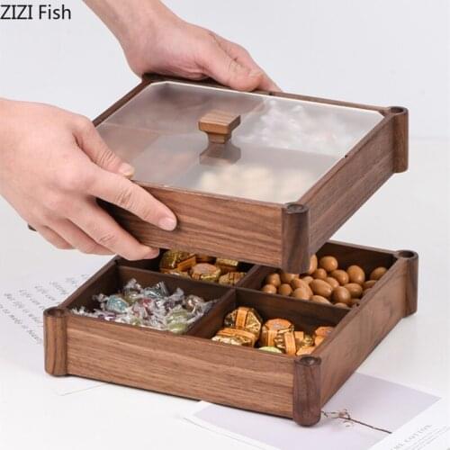 Solid Wood Candy Box Multi-layer Dried Fruit Storage Box with Lid Home Living Room Food Storage Container Sub-grid Snack Tray