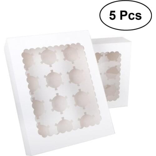 5pcs 12 Cavity Portable Cardboard Cupcake Boxes And Packaging Cup Cake Box With Window Container Muffin Box With Insert (White)