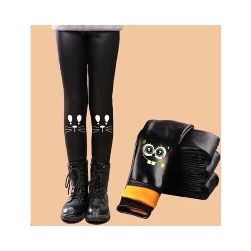 New Fall Kids Girl Cartoon Printed Leggings Baby Girls Golden Fleece Skinny Pencil Pants Faux PU Leather Children Trousers Black