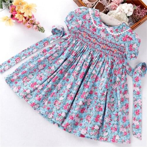 Girls summer dresses pink blue floral flower smocking hand made cotton kids dress boutiques children clothes