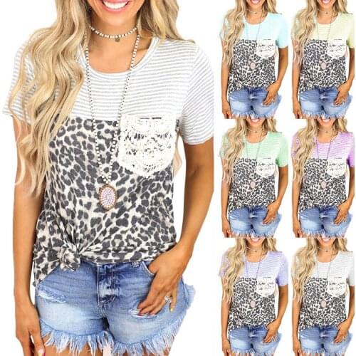 Summer T Shirt Women 2021 New Leopard Print Stripe Splicing Printing Female Leisure T-shirt Short Sleeves Tee Tshirts CKX9646