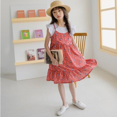 Girls Patchwork Dress 2020 Summer New Children Fake Two-Piece Dress Kids Cute Princess Dresses Baby Girls Floral Dresses, #8639