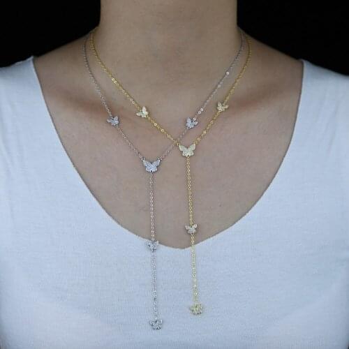 Minimal delicate butterfly charm necklace Cute lovely animal clear cz paved link chain long Y lariat women sexy necklace jewelry