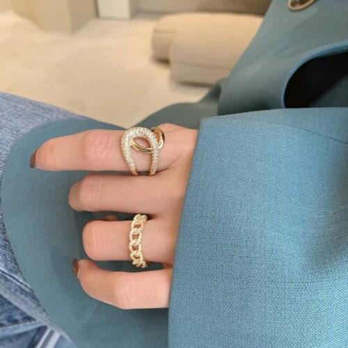 Minar Minimalist Bling Rhinestones Linked Rings for Women Gold Color Metal Chunky Hollow Chain Twist Adjustable Charm Rings Gift