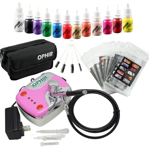 OPHIR 0.3mm Nail Airbrush Kit with Air Compressor 12 Nail Inks 20x Nail Art Stencils & Bag & Cleaning Brush Nail Tools_OP-NA001P