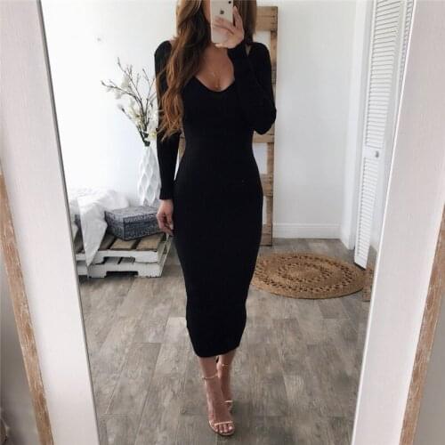 2021 Autumn and Winter New Womens Knitted Dresses V-neck Sweater Dress Ladies Slim long-Sleeved Base Long Dressvestido de mujer