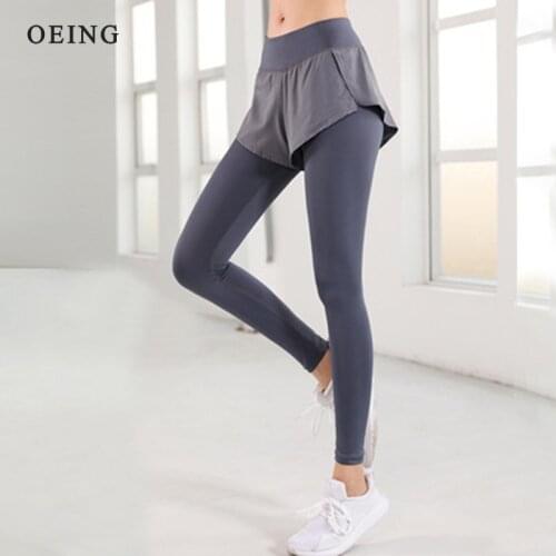 Fake 2 Piece Gym Leggings Shorts High Waist Side Pocket Sport Pants Women Fitness Sportswear Workout Yoga Pants Running Tights