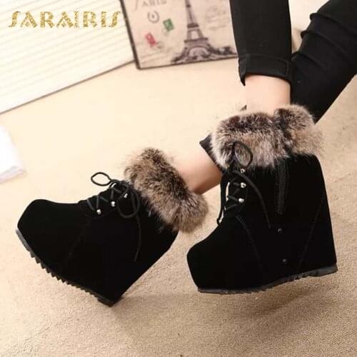 Sarairis 2020 New Design Height Increasing Platform High Heels Shoes Ladies Boots Shoelace Warm Plush Winter Snow Boots Woman