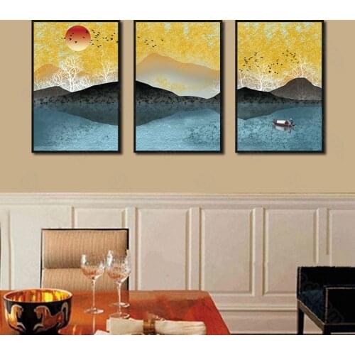 Nordic Living Room Decoration Painting Sun Red Day Sofa Background Wall Painting Simple Landscape Combination Painting