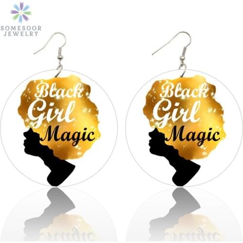 SOMESOOR Both Sides Painting Golden Natural Hair African Wood Drop Earrings AFRO Black Magic Girl Hiphop Jewelry For Women Gifts