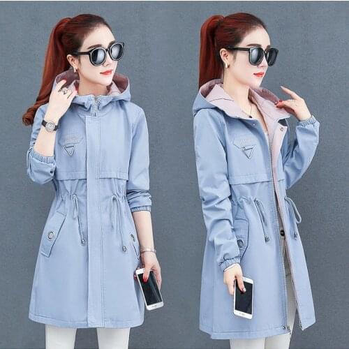 Women Windbreaker mid-length Coat New Spring Autumn fashion Hooded Trench coat Female Casual elegant Plus Size Outerwear R436